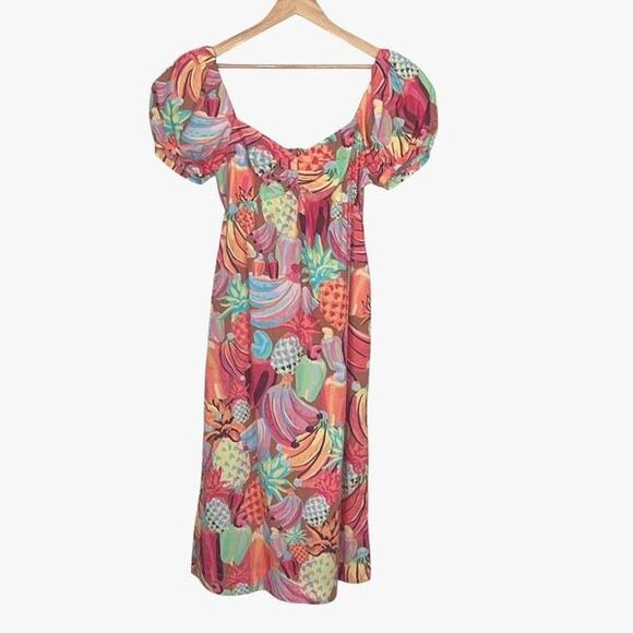 Farm Rio Fruit Salad Midi Womens Cotton Short Puff Sleeve Midi Dress Medium $225 - Picture 2 of 13